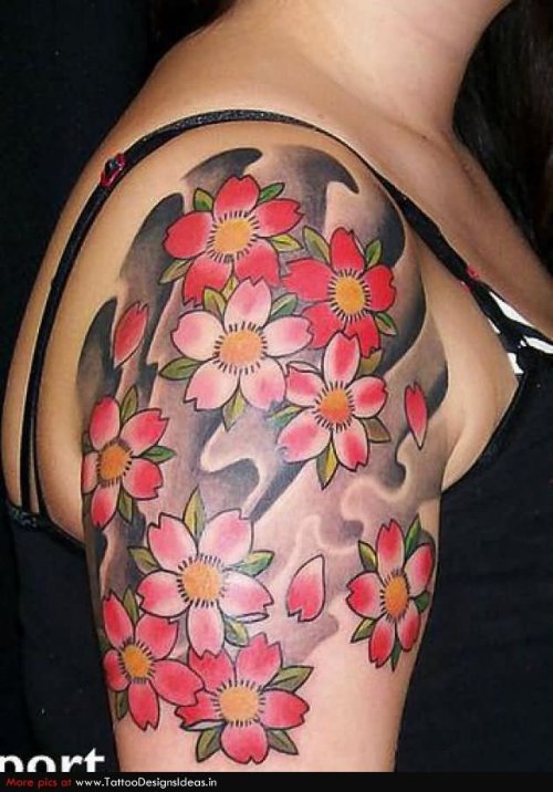 Girl Right Shoulder Cherry Blosoom Tattoos